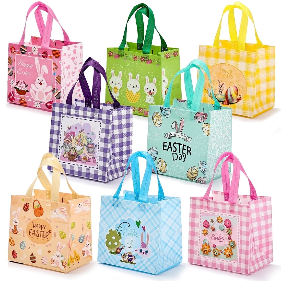 CHENGDAO 8pcs Easter with Handles Non-Woven Gift Bags - Easter Treats, Party Favors, and Egg Hunts